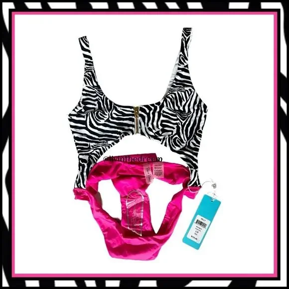 Beach Bunny Kelly Monokini One Piece Zebra Stripe and Barbie Pink SZ L $170